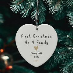 Personalised Our First Christmas As A Family Ceramic Heart Decoration With Gold Heart