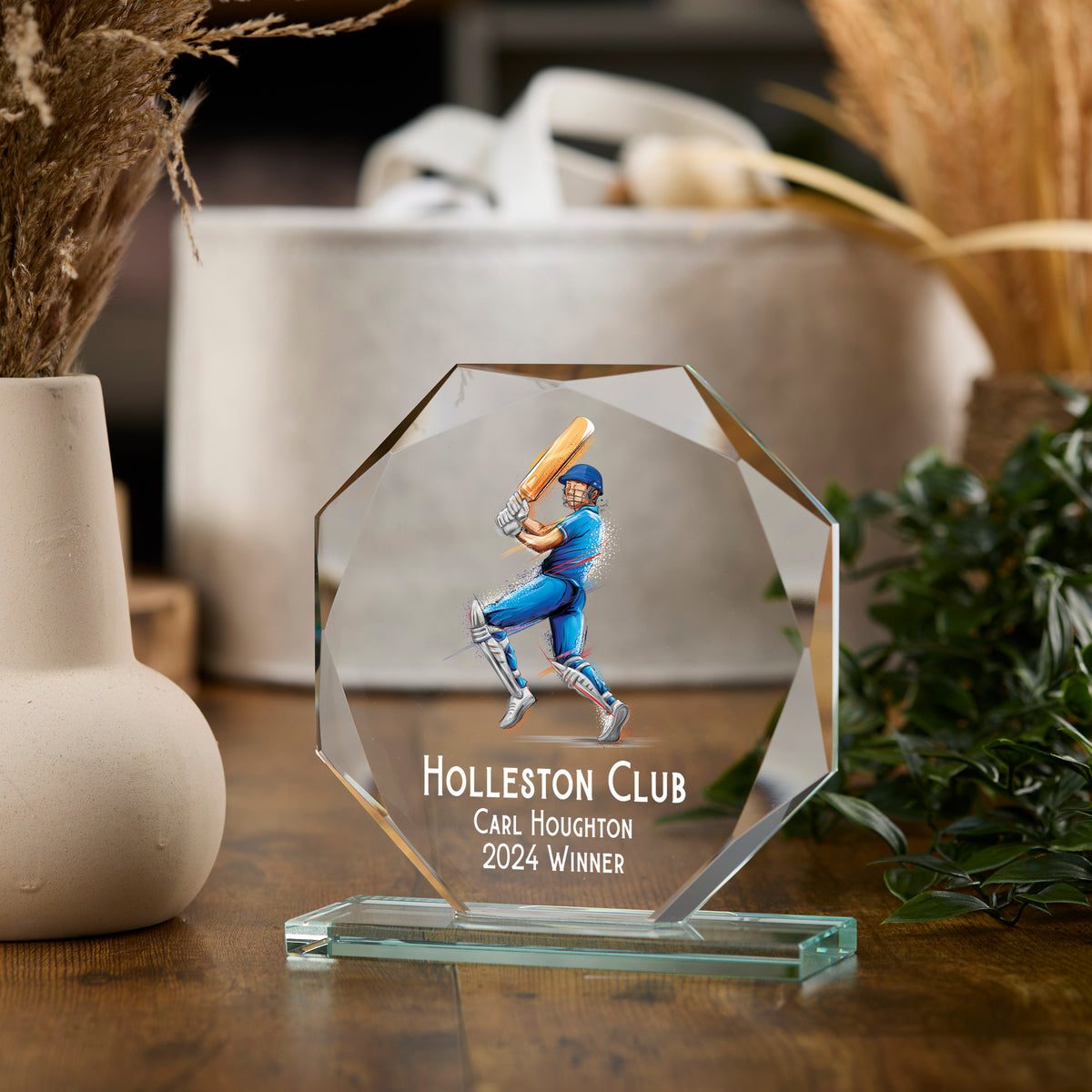 Large Jade Glass Personalised 15cm Colour Cricket Trophy Award