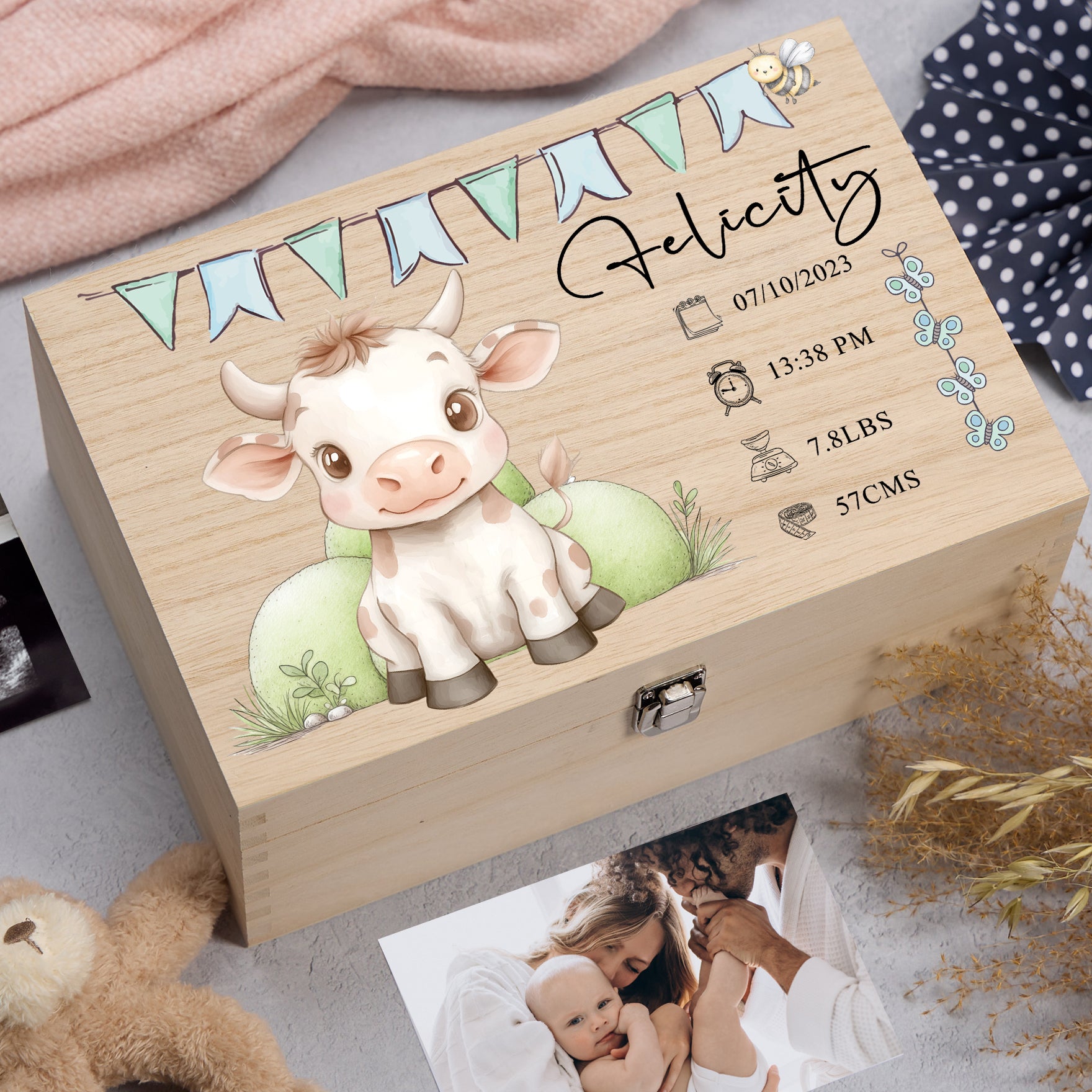 Personalised Wooden Baby Memory Keepsake Box With Cute Animals