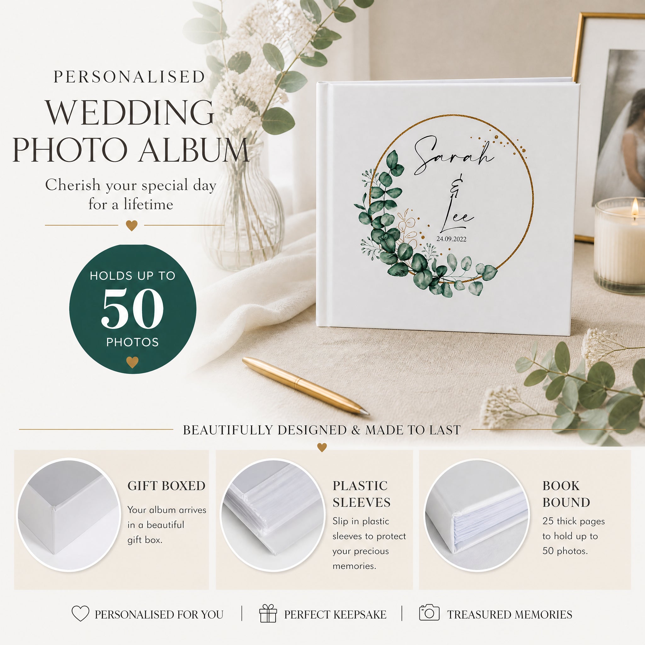 Personalised Wedding Photo album Gift With Eucalyptus Wreath personalised photo album ukgiftstoreonline