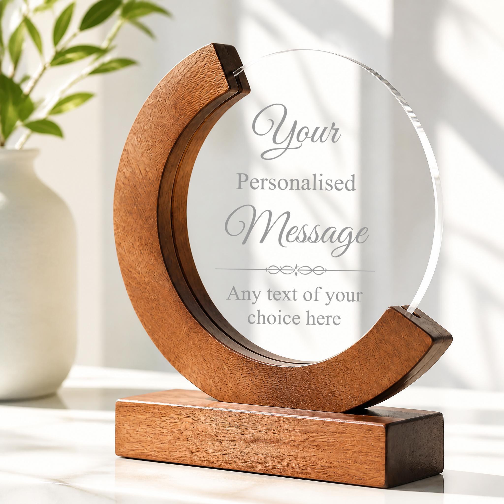 A wooden plaque with a clear glass front, displaying a personalized message and a space for text input.