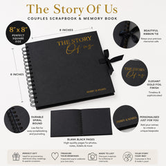The image is a product advertisement for a couples scrapbook and memory book. It features a black spiral-bound book with gold lettering, a black ribbon tie, and various descriptive text highlighting the features and benefits of the product.