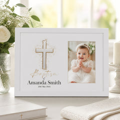 Personalised Baptism Photo Frame, Silver Cross, 6x4 Wooden Keepsake personalised photo frames ukgiftstoreonline White