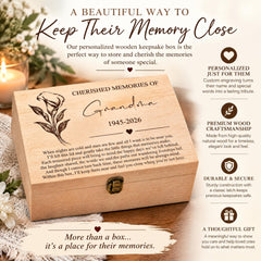 The image is an advertisement for a personalized wooden keepsake box, featuring a wooden box with a rose design and a heartfelt message.
