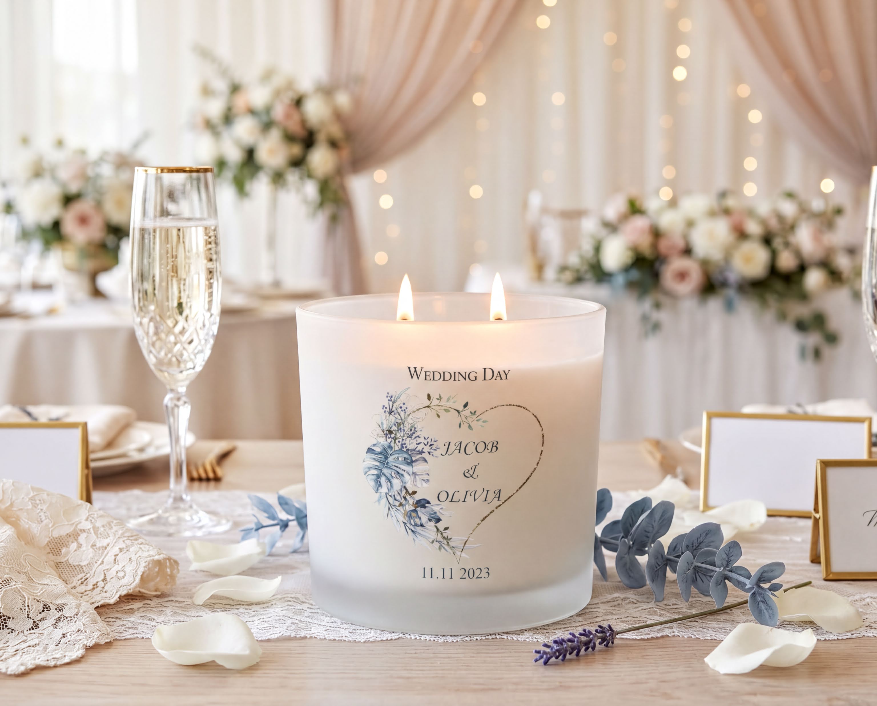 Personalised Large Double Wick Wedding Candle Gift With Tropical Heart personalised Candle Lights ukgiftstoreonline