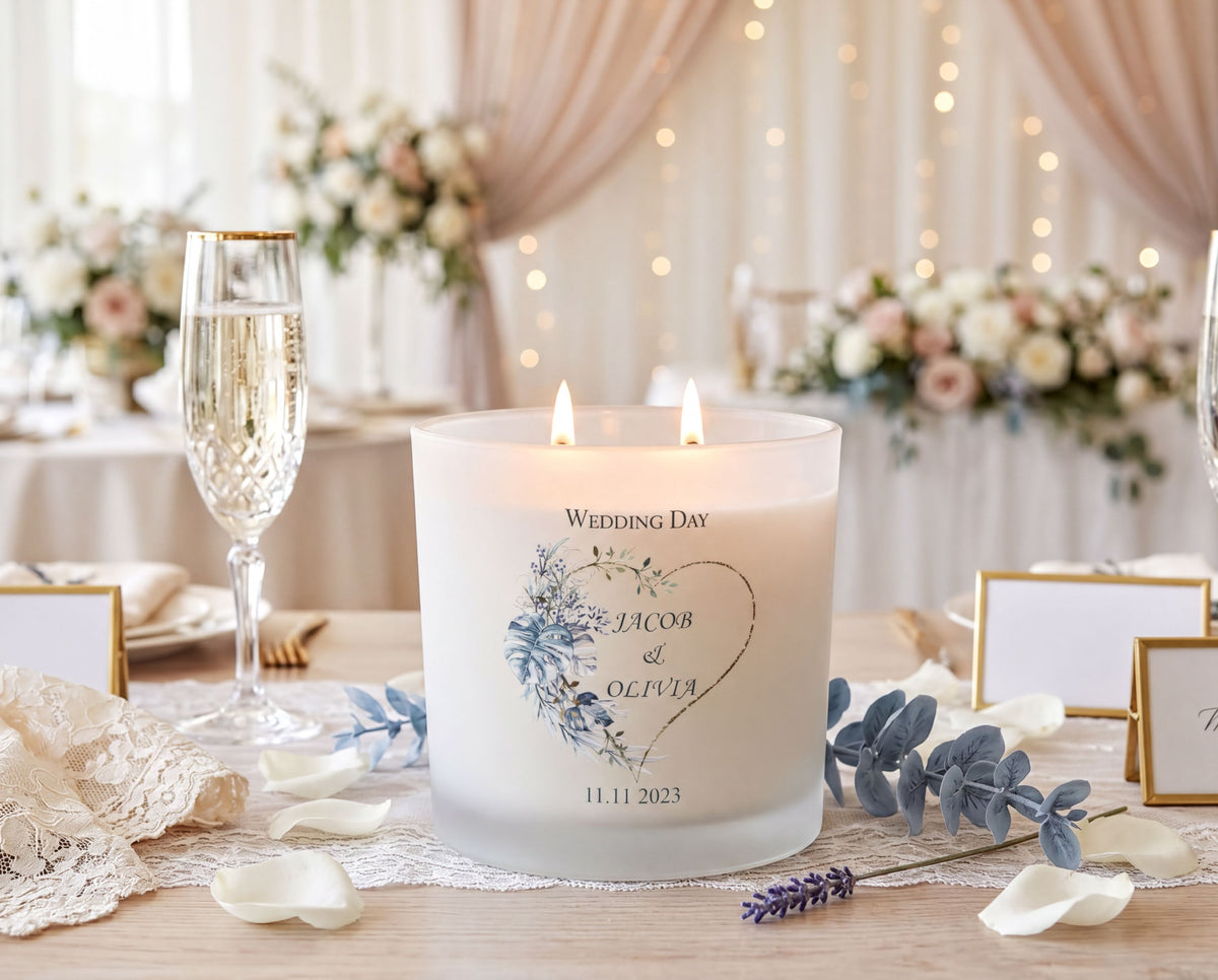 Personalised Large Double Wick Wedding Candle Gift With Tropical Heart personalised Candle Lights ukgiftstoreonline