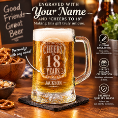 Cheers to 18 Years Birthday Gift Personalised Engraved Glass Beer Tankard personalised beer glass tankard ukgiftstoreonline