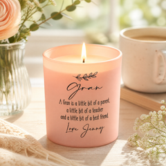 Personalised Jar Candle, Pink Frosted Glass Sentiment Gift For Gran personalised Candle Lights ukgiftstoreonline