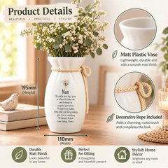 The image is a product detail for a vase, featuring a white vase with a floral arrangement and decorative rope included. The vase is described as lightweight, durable, and with a smooth finish. It is also shown to be 110mm wide and has a matte finish. The vase is placed on a wooden surface, and there are other decorative elements in the background.
