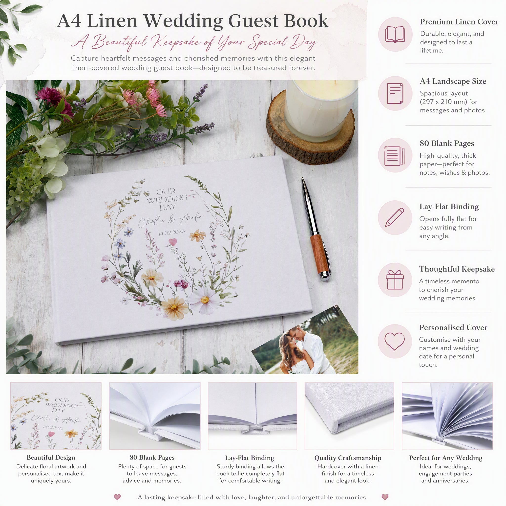 Personalised Large Wedding Memory Book A4 Size Guest Message Book Delicate Floral Design ukgiftstoreonline