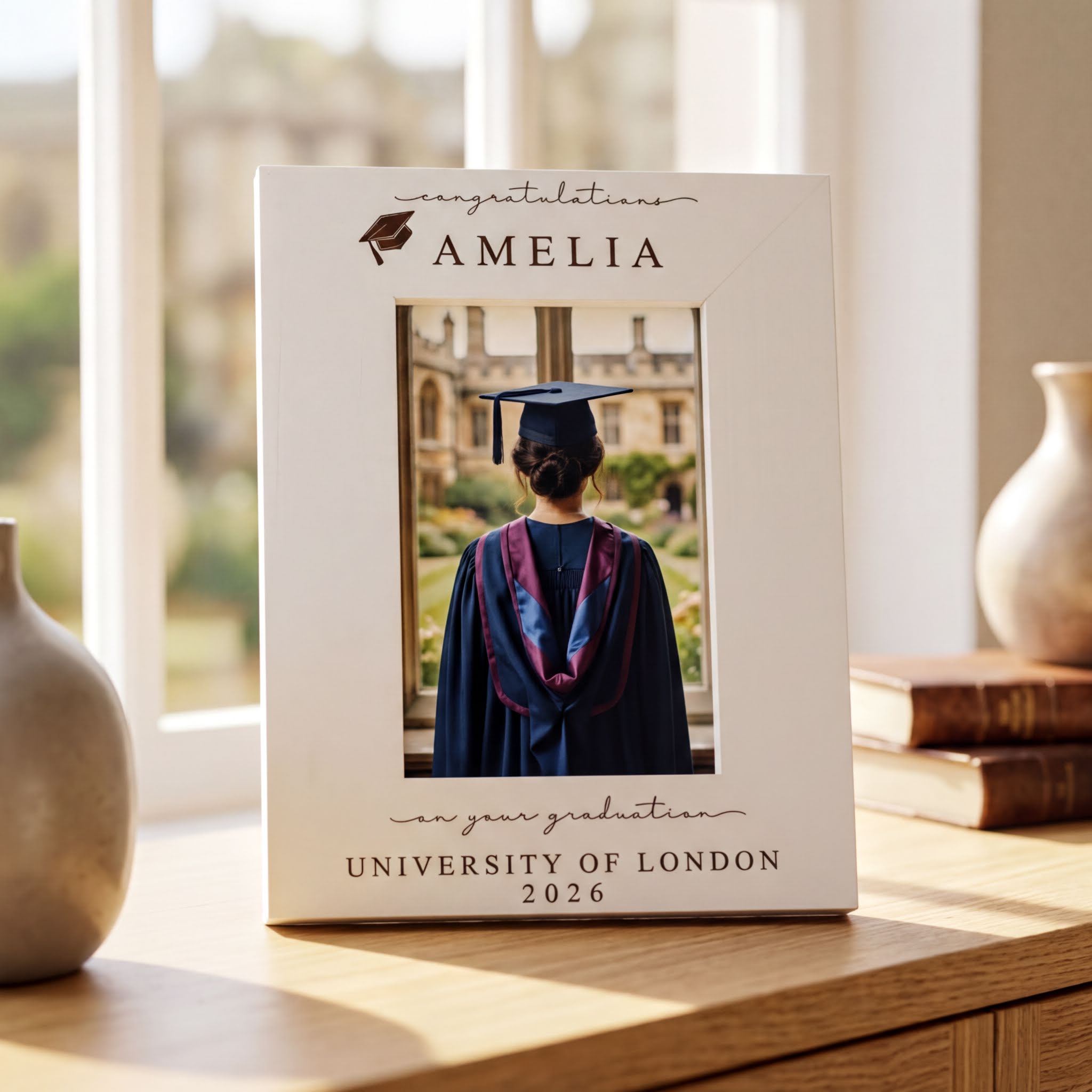 Personalised White Wooden Engraved Graduation Photo Frame Gift For University Graduate ukgiftstoreonline