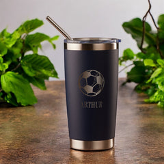Personalised Engraved Thermal Travel Mug Any Name Football Gift With Metal Straw
