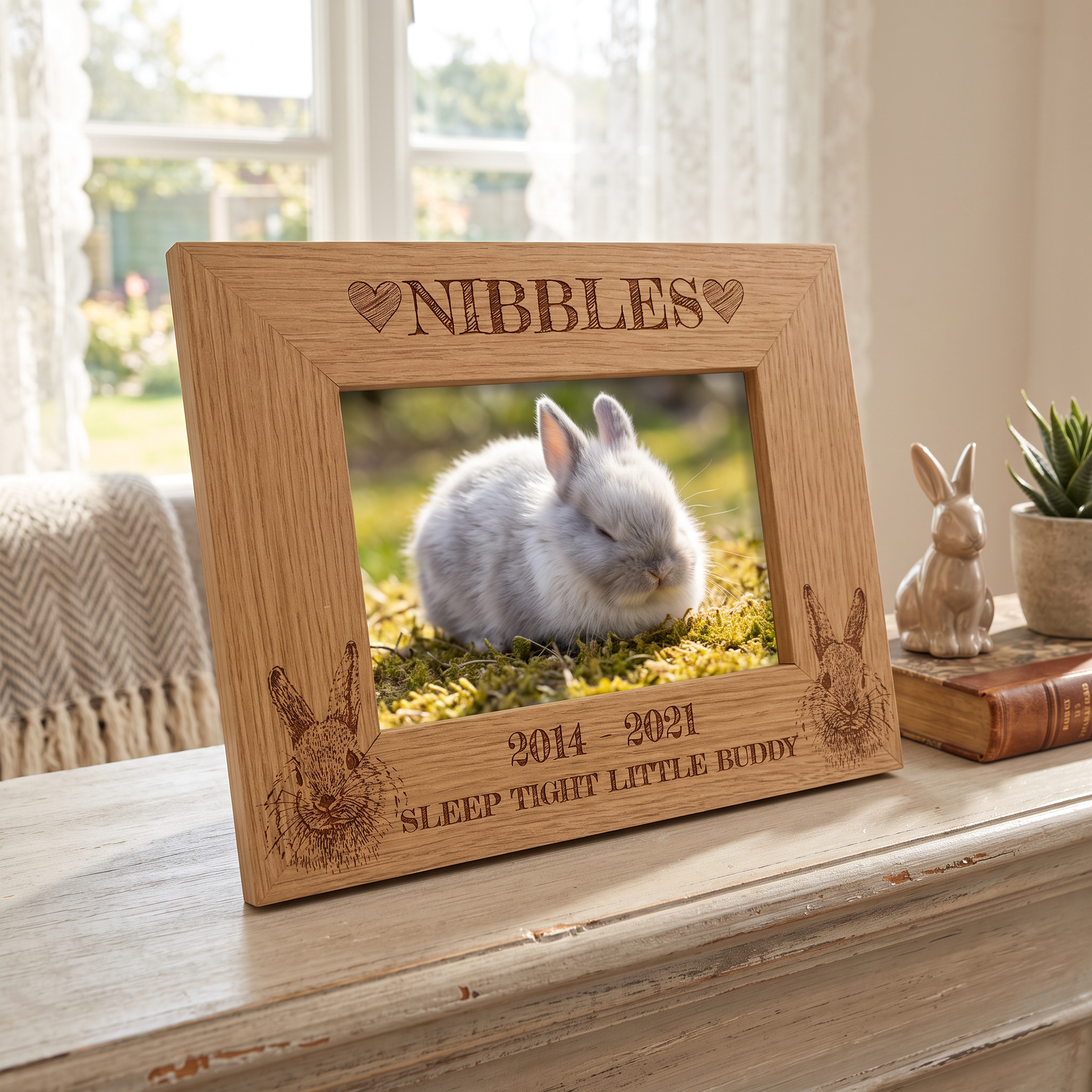 A wooden picture frame with a photo of a sleeping rabbit inside, placed on a wooden surface next to a window.