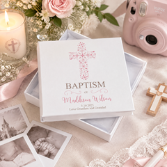 Personalised Baptism Photo Album, Ornate Pink Cross Keepsake Gift Baptism Photo Album ukgiftstoreonline