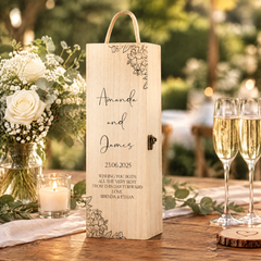 Personalised Wedding Wine Box, Floral Wooden Gift For The Couple Champagne Bottle Holder ukgiftstoreonline