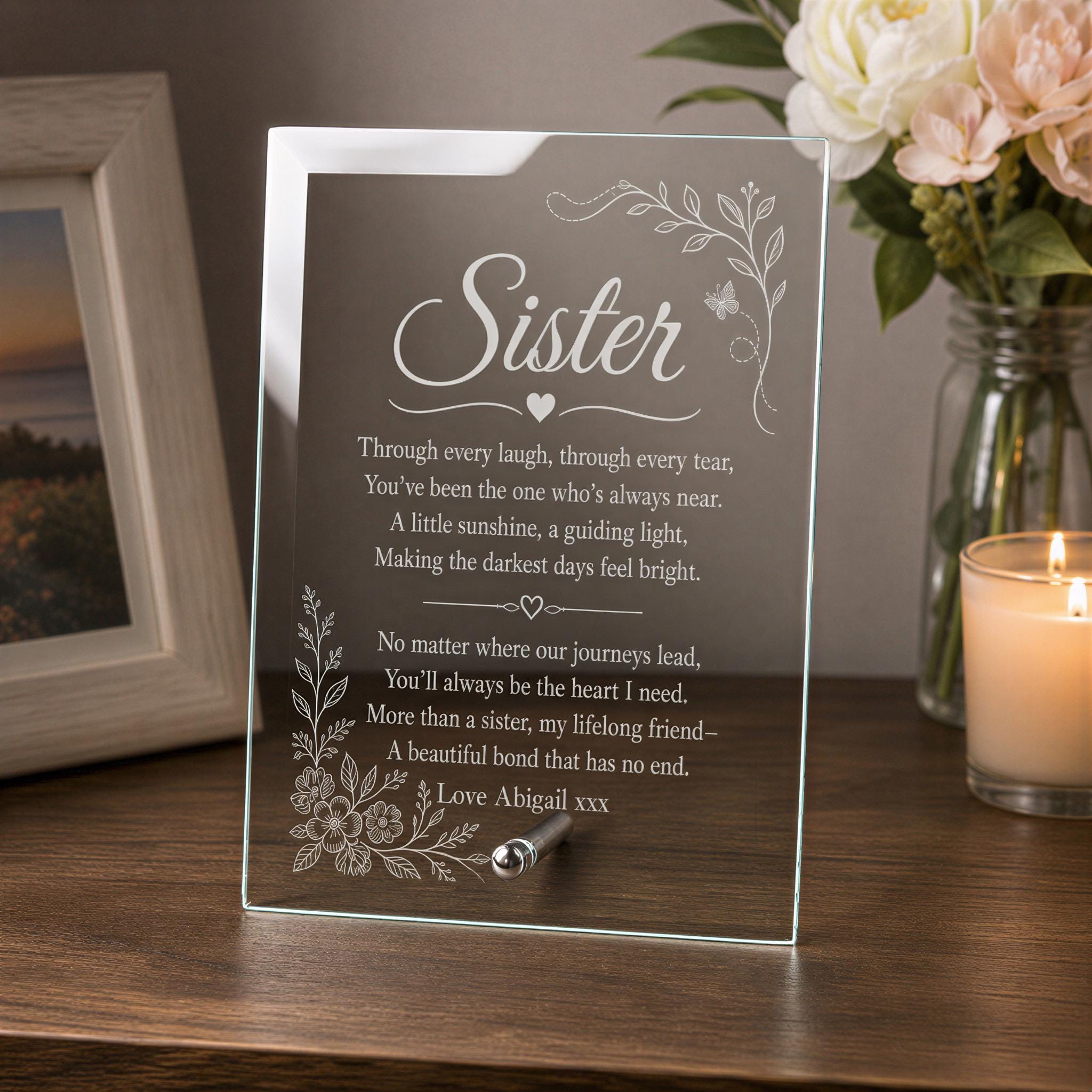 A glass frame with a heartfelt message about a sister, placed on a wooden surface next to a vase of flowers and a lit candle.