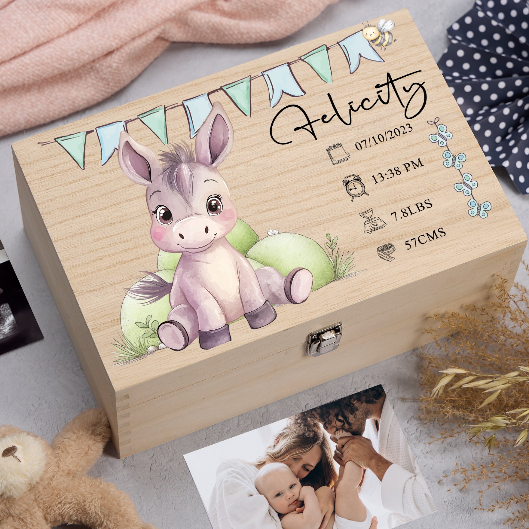 Personalised Wooden Baby Memory Keepsake Box With Cute Animals