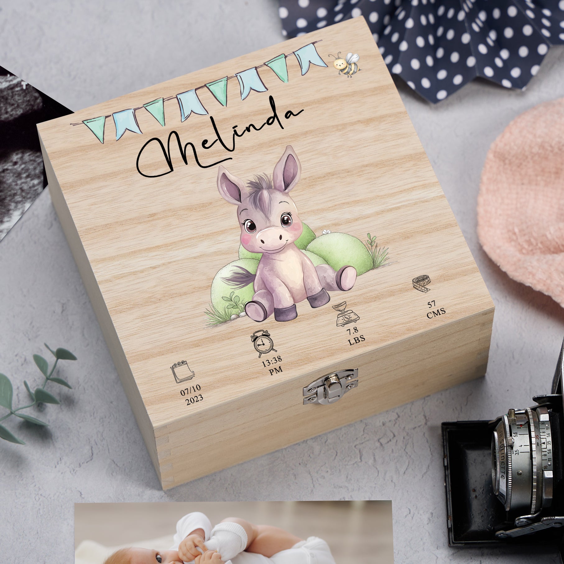 Personalised Wooden Baby Memory Keepsake Box With Cute Animals