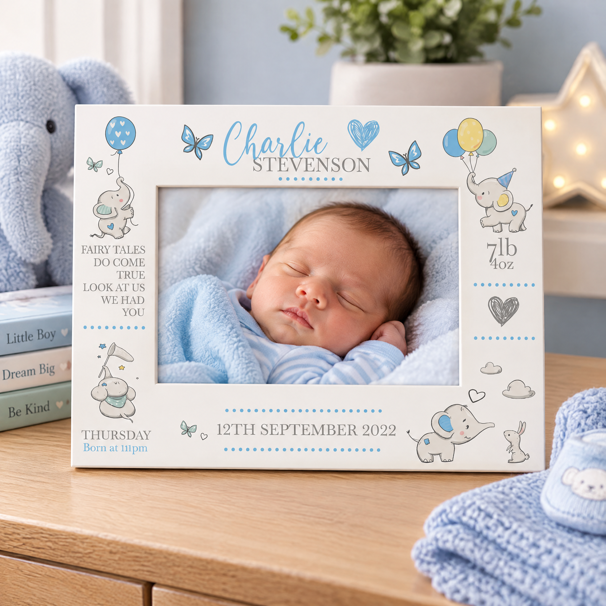 Personalised Baby Photo Frame, Boy Birth Details, Cute Elephant Photo Frame ukgiftstoreonline