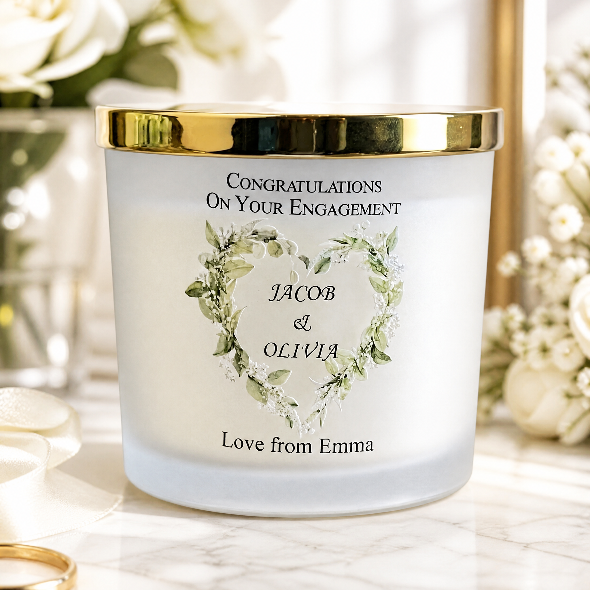 Personalised Large Double Wick Engagement Candle Gift With Floral Heart Wreath personalised Candle Lights ukgiftstoreonline