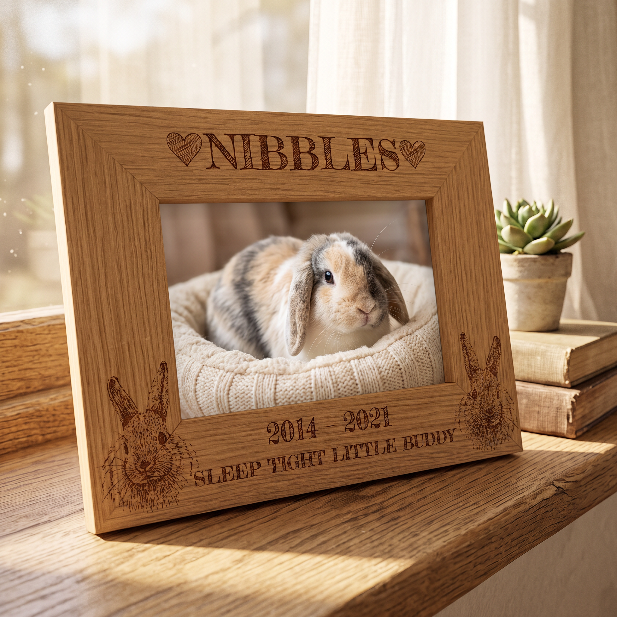 A wooden picture frame with a photo of a rabbit inside, placed on a wooden surface next to a potted plant and some books.