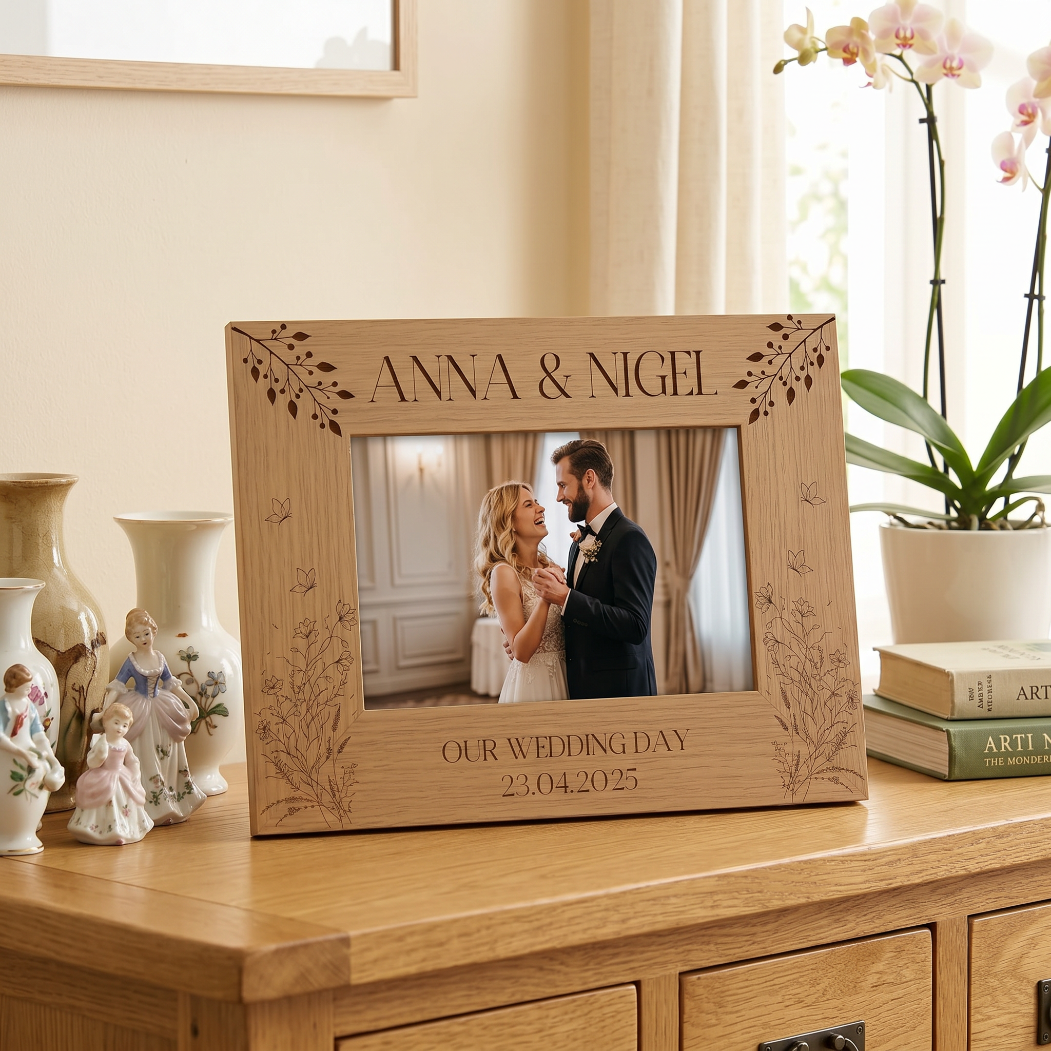 Personalised Wooden Engraved Photo Frames Wedding Any Message Multiple Sizes With Wildflowers Photo Frame ukgiftstoreonline