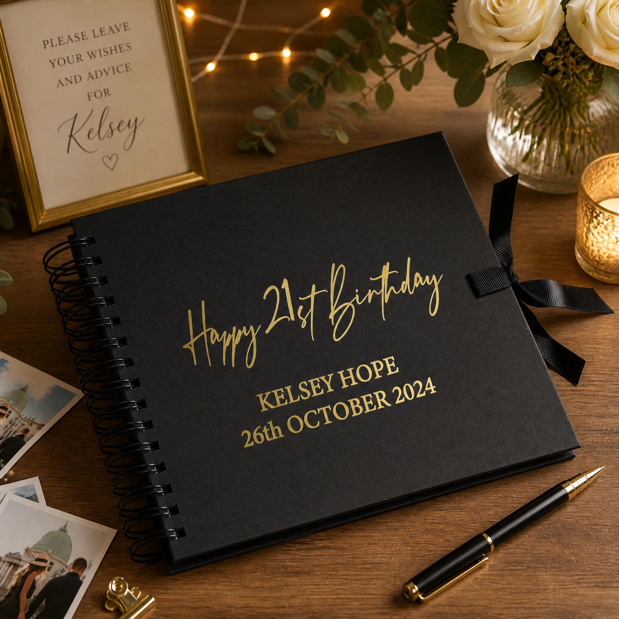 A black photo album with gold text and a ribbon sits on a wooden surface, surrounded by a framed picture, a pen, and a vase with flowers.