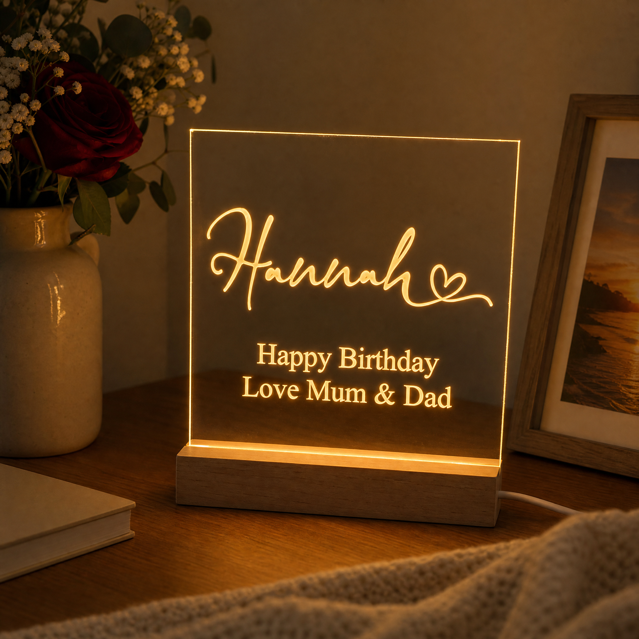 Personalised LED Lamp Night Light Love Heart Font and Any Sentiment Personalised Lights ukgiftstoreonline