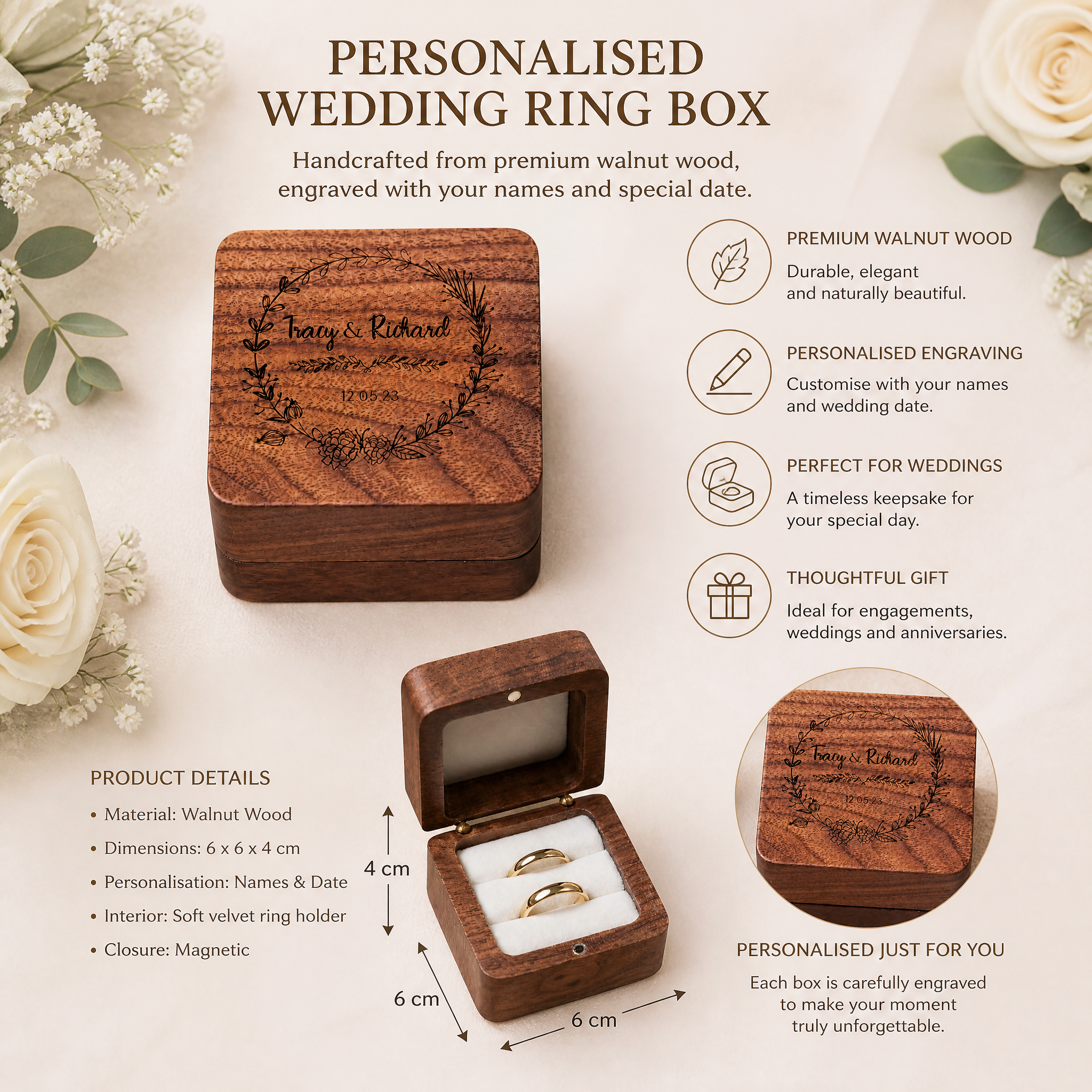 Personalised Wedding Ring Box, Square Holder For 2 Rings With Wreath Ring Box Holder ukgiftstoreonline