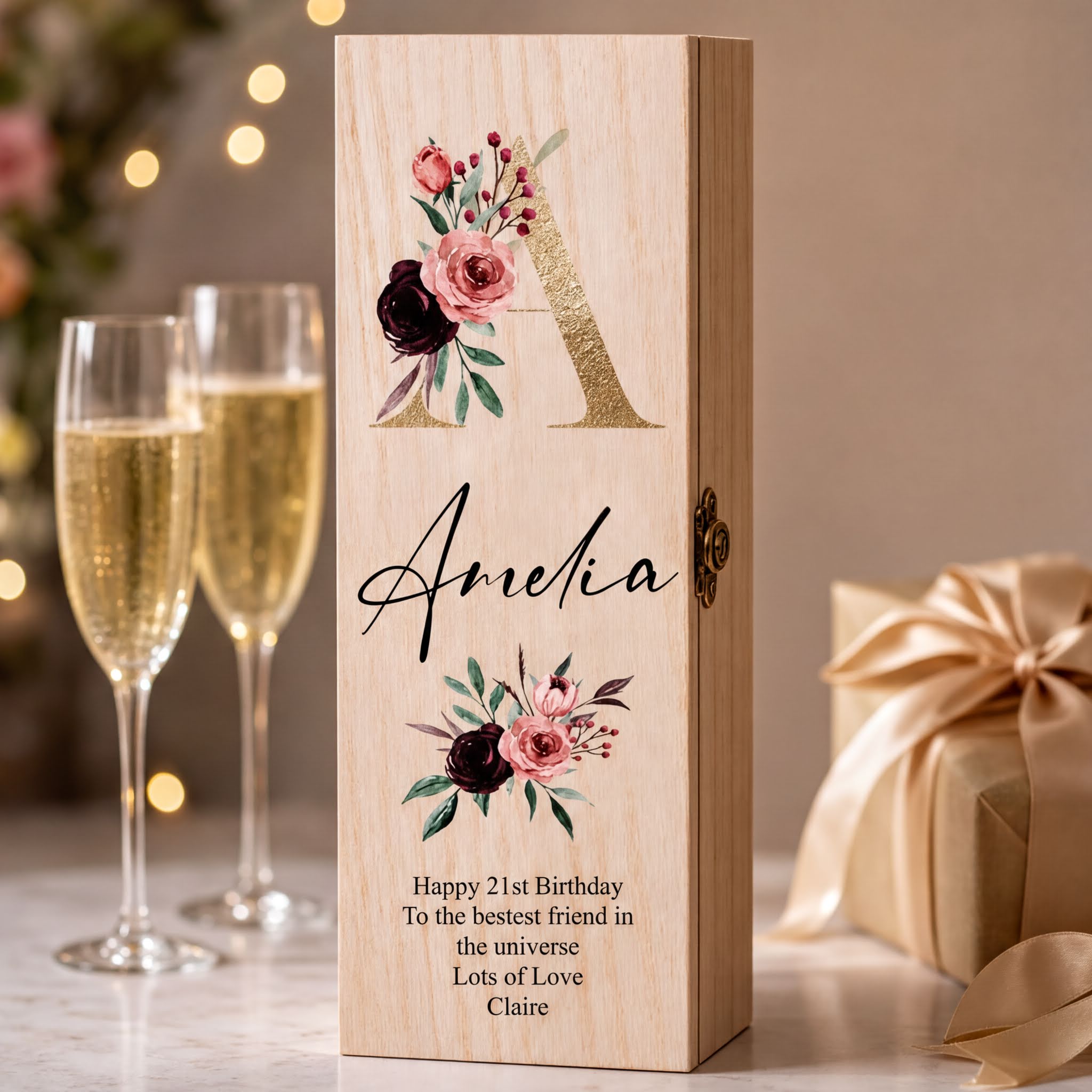 Personalised Monogram and Sentiment Wooden Wine or Champagne Box Gift Champagne Bottle Holders ukgiftstoreonline