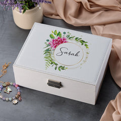 Personalised Jewellery Box – Floral Gift For Her With Secure Lock & Peach Suede