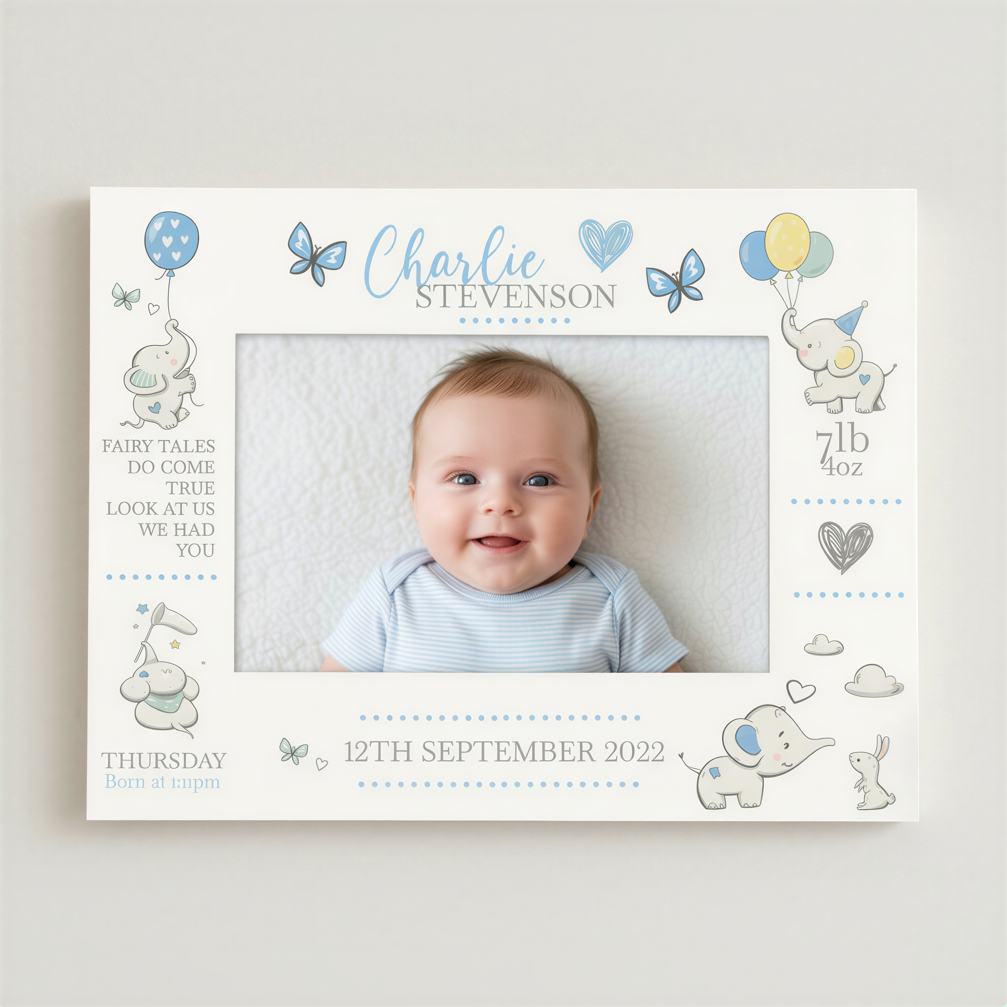 Personalised Baby Photo Frame, Boy Birth Details, Cute Elephant Photo Frame ukgiftstoreonline