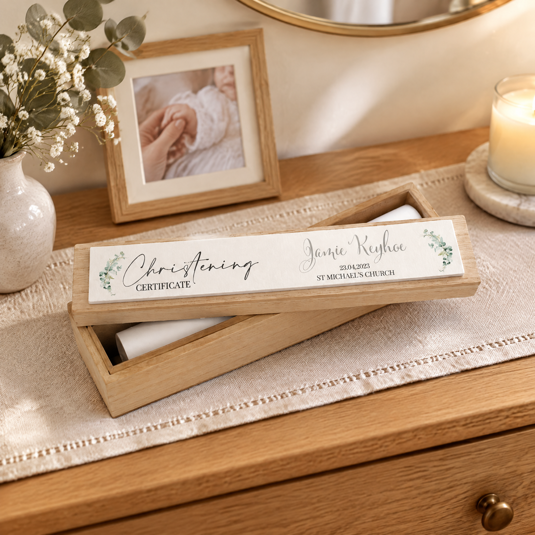 Personalised Christening Day Vintage Style Wooden Certificate Holder Birth certificate holder ukgiftstoreonline