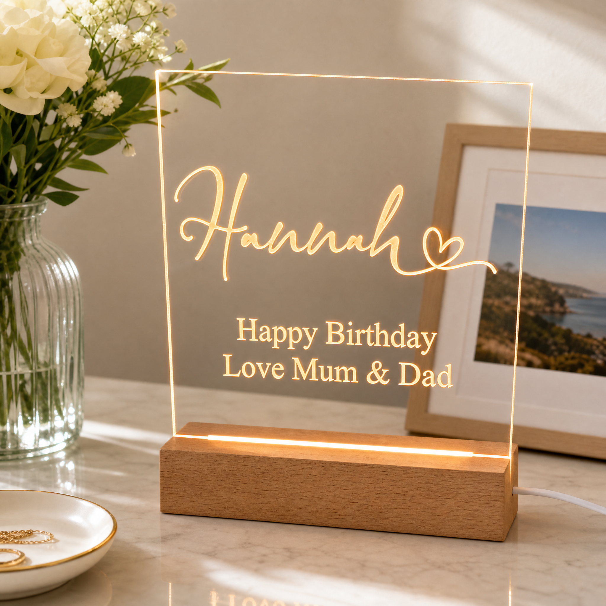 Personalised LED Lamp Night Light Love Heart Font and Any Sentiment Personalised Lights ukgiftstoreonline