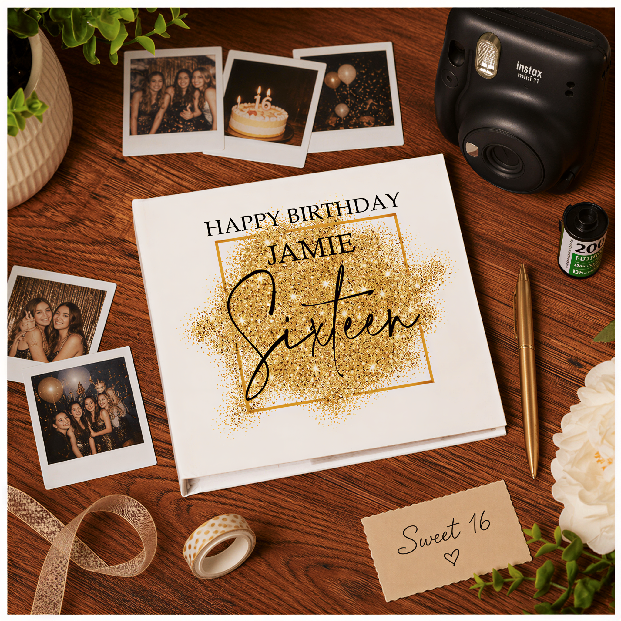 Personalised 16th Birthday Photo Album Gift With Gold Sparkles Design Photo Album ukgiftstoreonline