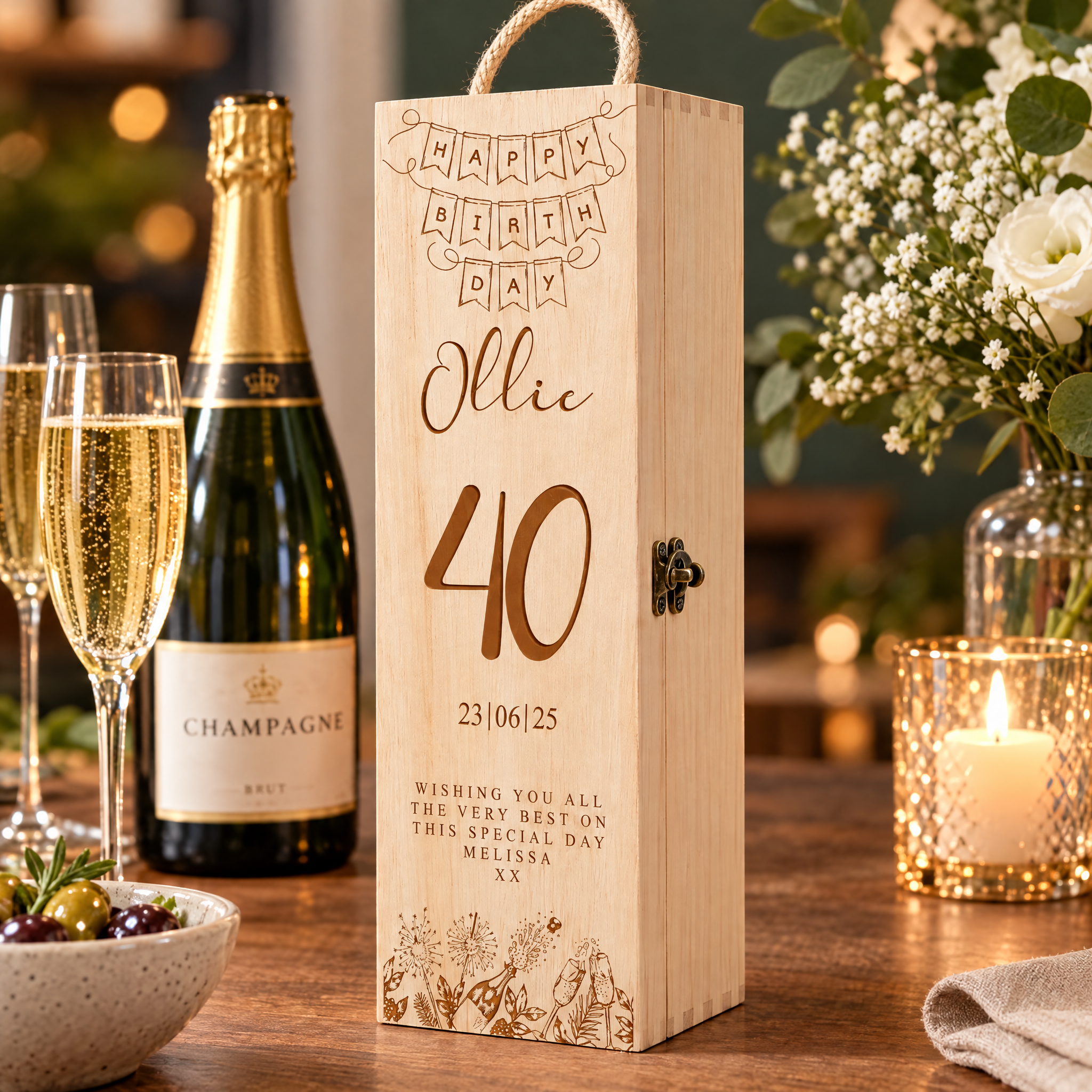 Personalised Engraved Birthday Wooden Wine or Champagne Box Gift 18th, 21st, 30th, 40th, 50th 60th, 70th Champagne Bottle Holder ukgiftstoreonline