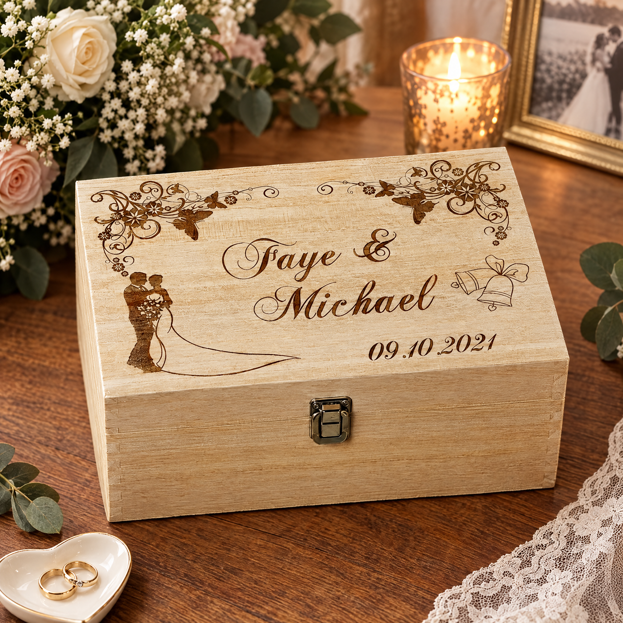 Personalised Large Wedding Floral Design Wooden Memories Keepsake Box Keepsake Memory Box Raised Words