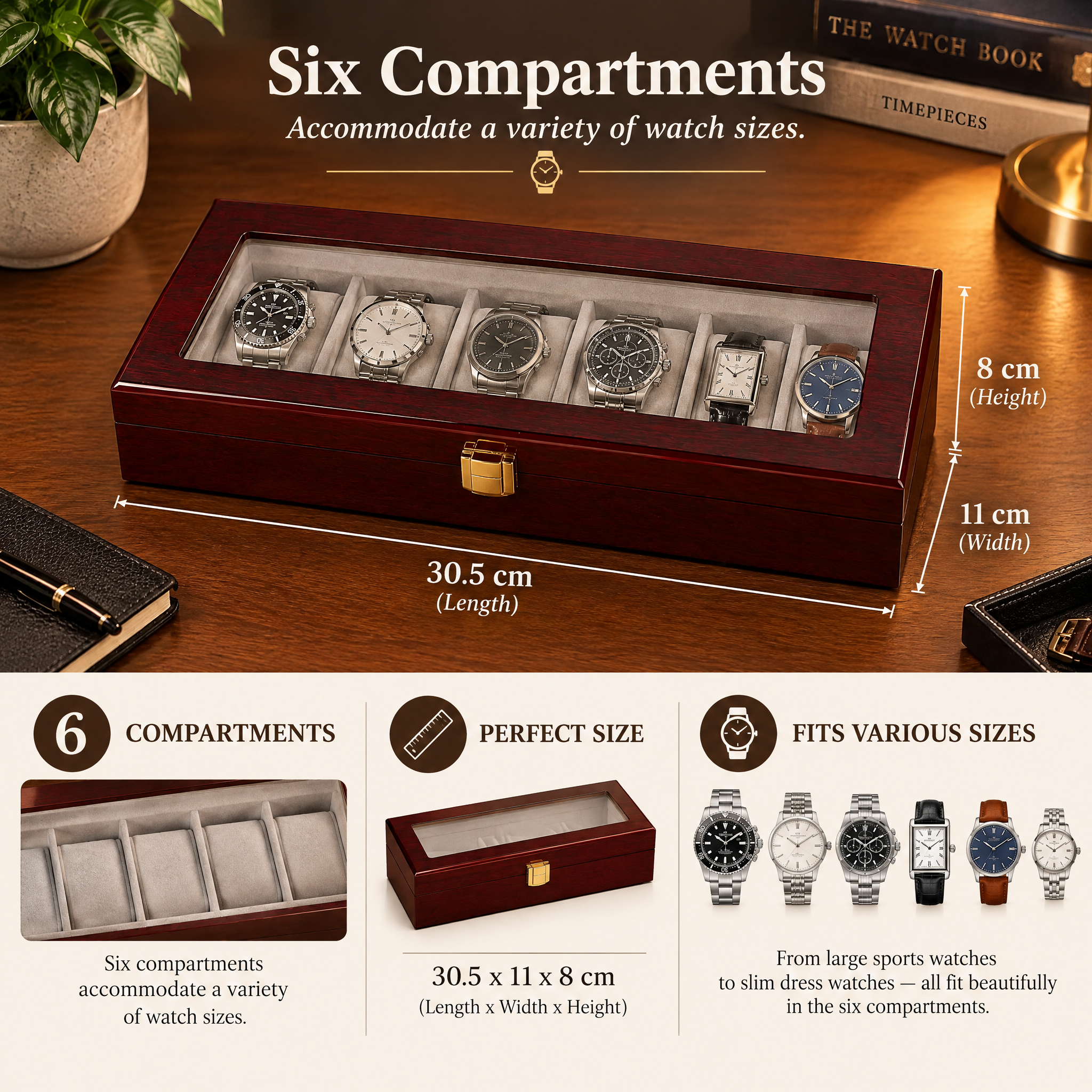 Wood Glass Watch Box, Personalised 6-Slot Red Watch Case Gift watch box ukgiftstoreonline