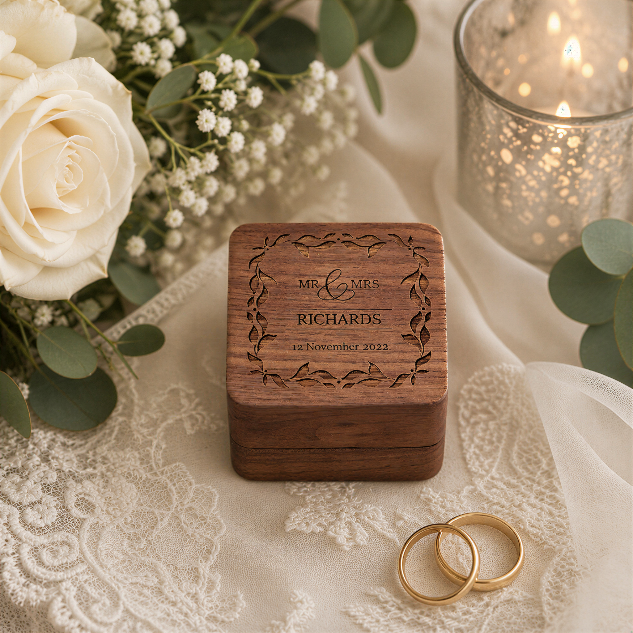 Personalised Wedding Ring Box Holder for 2 Rings With Border Ring Box Holder ukgiftstoreonline