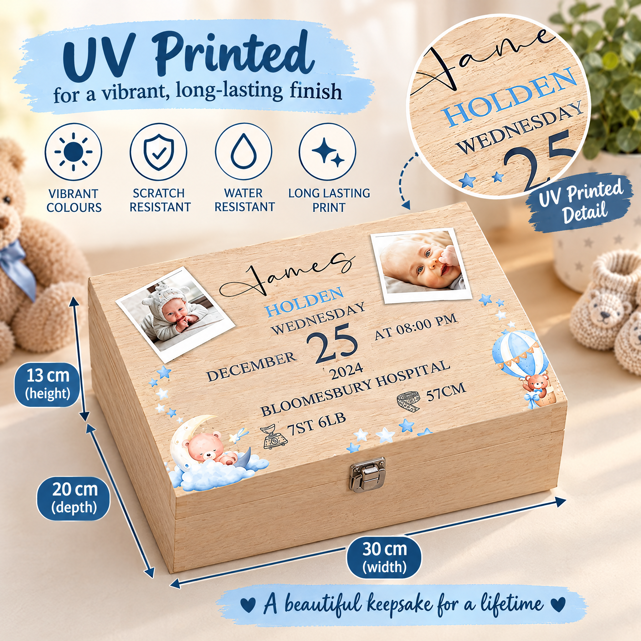 Personalised Wooden Baby Boy Memory Keepsake Box With Photos and Birth Details Keepsake Memory Box ukgiftstoreonline
