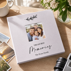 Personalised Family Memories Photo Album Linen Cover With Leaf Design Guest Book ukgiftstoreonline