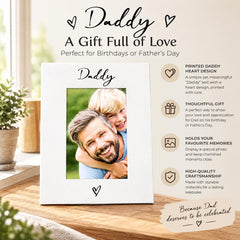 The image is a digital advertisement for a Father's Day gift, featuring a photo of a smiling father embracing his son. The ad highlights the sentimental value of the gift and emphasizes its sentimental design.