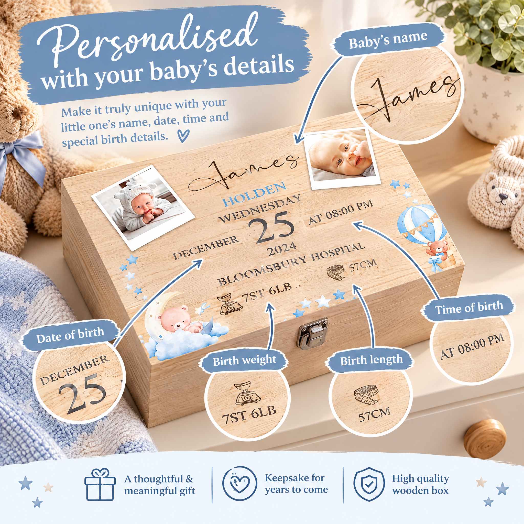 Personalised Wooden Baby Boy Memory Keepsake Box With Photos and Birth Details Keepsake Memory Box ukgiftstoreonline