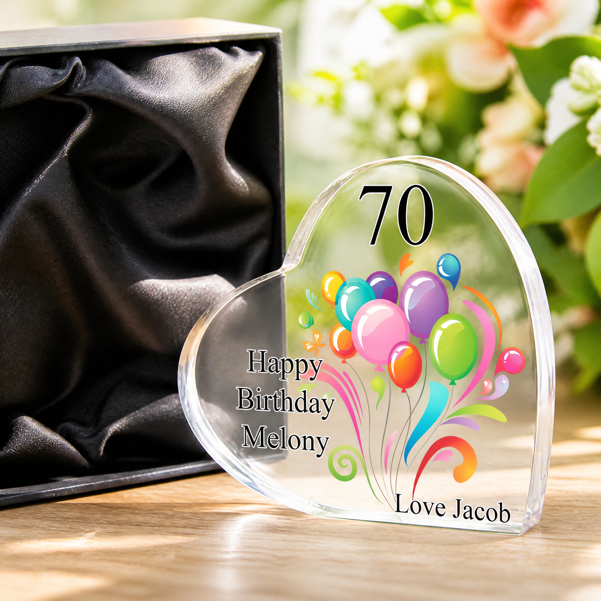 Personalised 70th Birthday Balloon Heart Block In Gift Box Personalised Plaque Gift ukgiftstoreonline