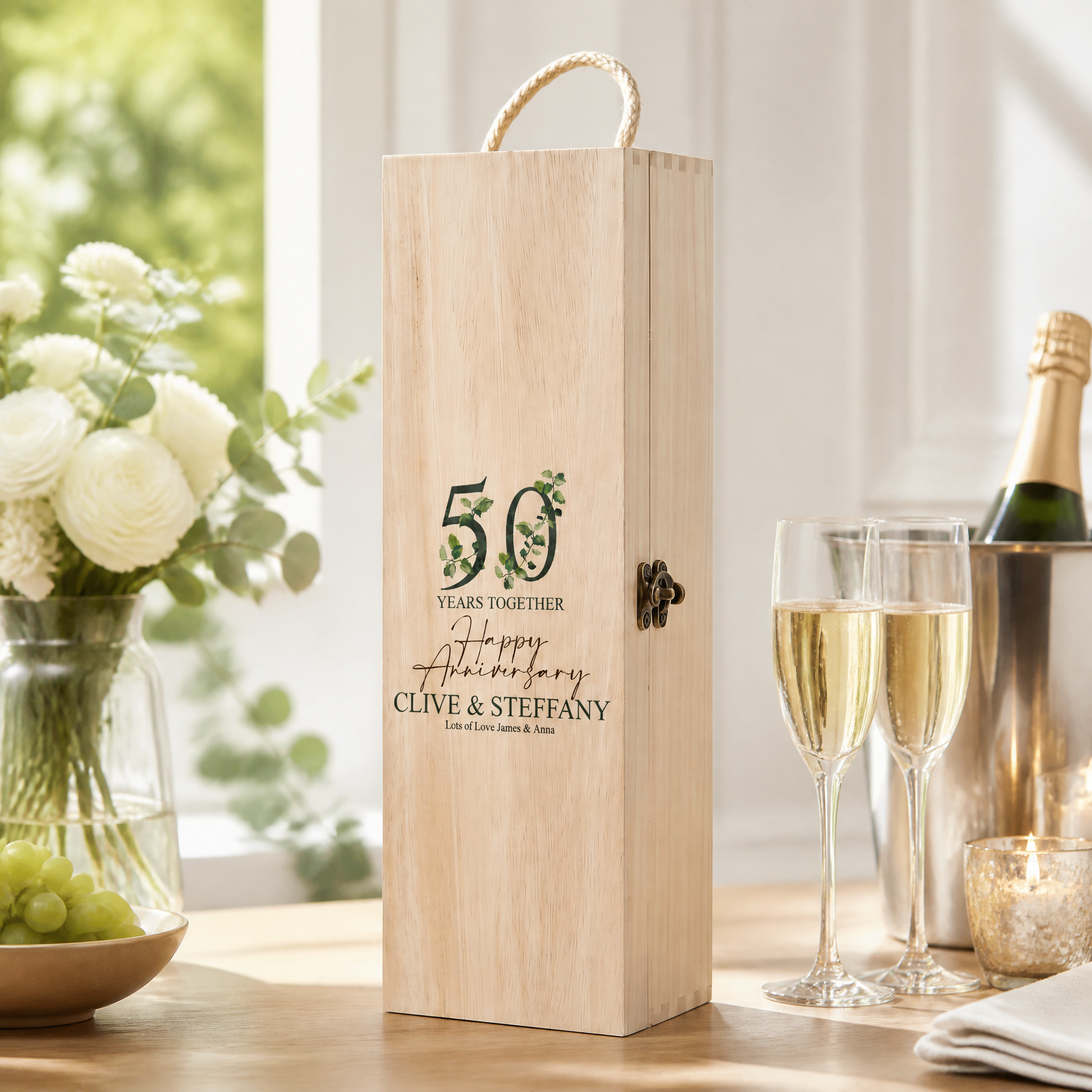 Personalised 50th Anniversary Wooden Wine or Champagne Box Gift Champagne Bottle Holders ukgiftstoreonline