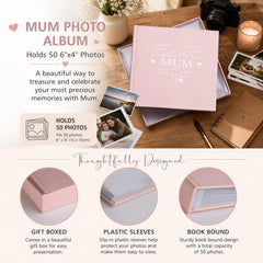 The image is an advertisement for a pink photo album that holds 50 photos. It features a close-up of the album's cover, along with a few other images of the album and its contents. The text highlights the album's features, such as its ability to hold 50 photos, its thoughtful design, and its practical features like gift boxes, plastic sleeves, and book bindings.