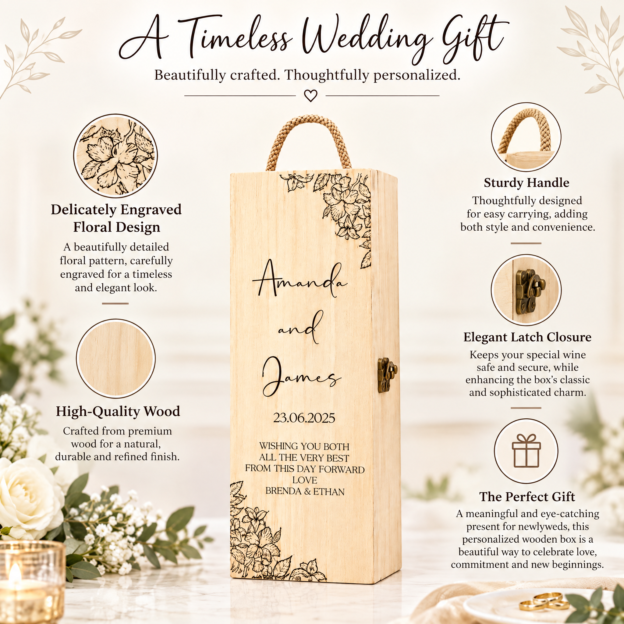 Personalised Wedding Wine Box, Floral Wooden Gift For The Couple Champagne Bottle Holder ukgiftstoreonline