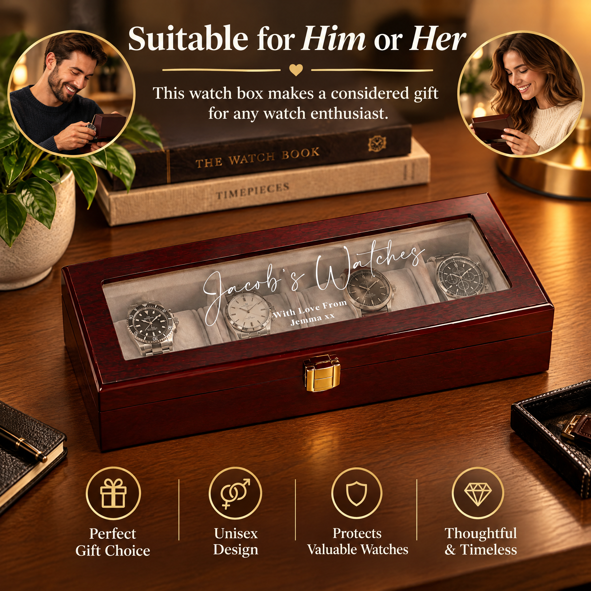 Wood Glass Watch Box, Personalised 6-Slot Red Watch Case Gift watch box ukgiftstoreonline