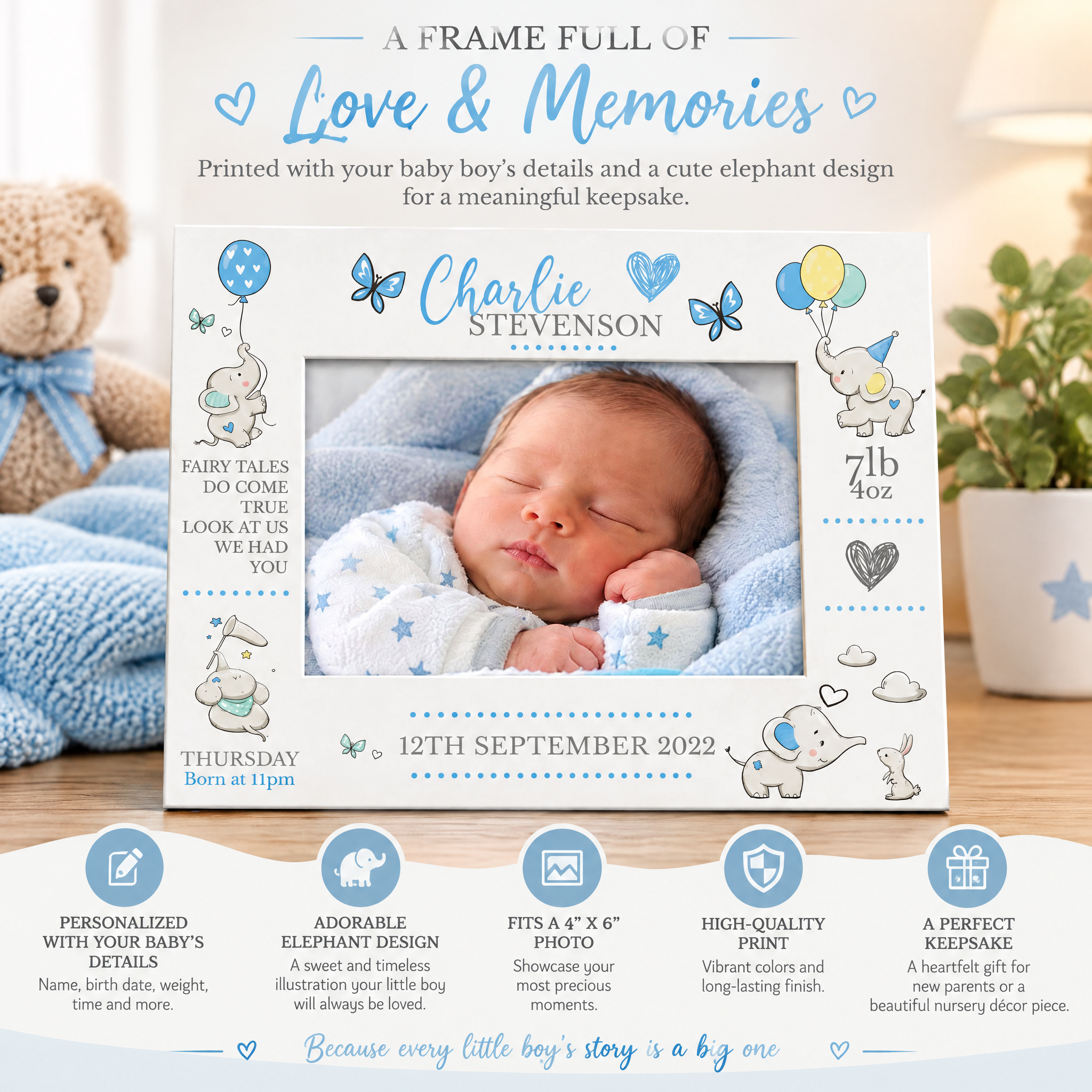 Personalised Baby Photo Frame, Boy Birth Details, Cute Elephant Photo Frame ukgiftstoreonline