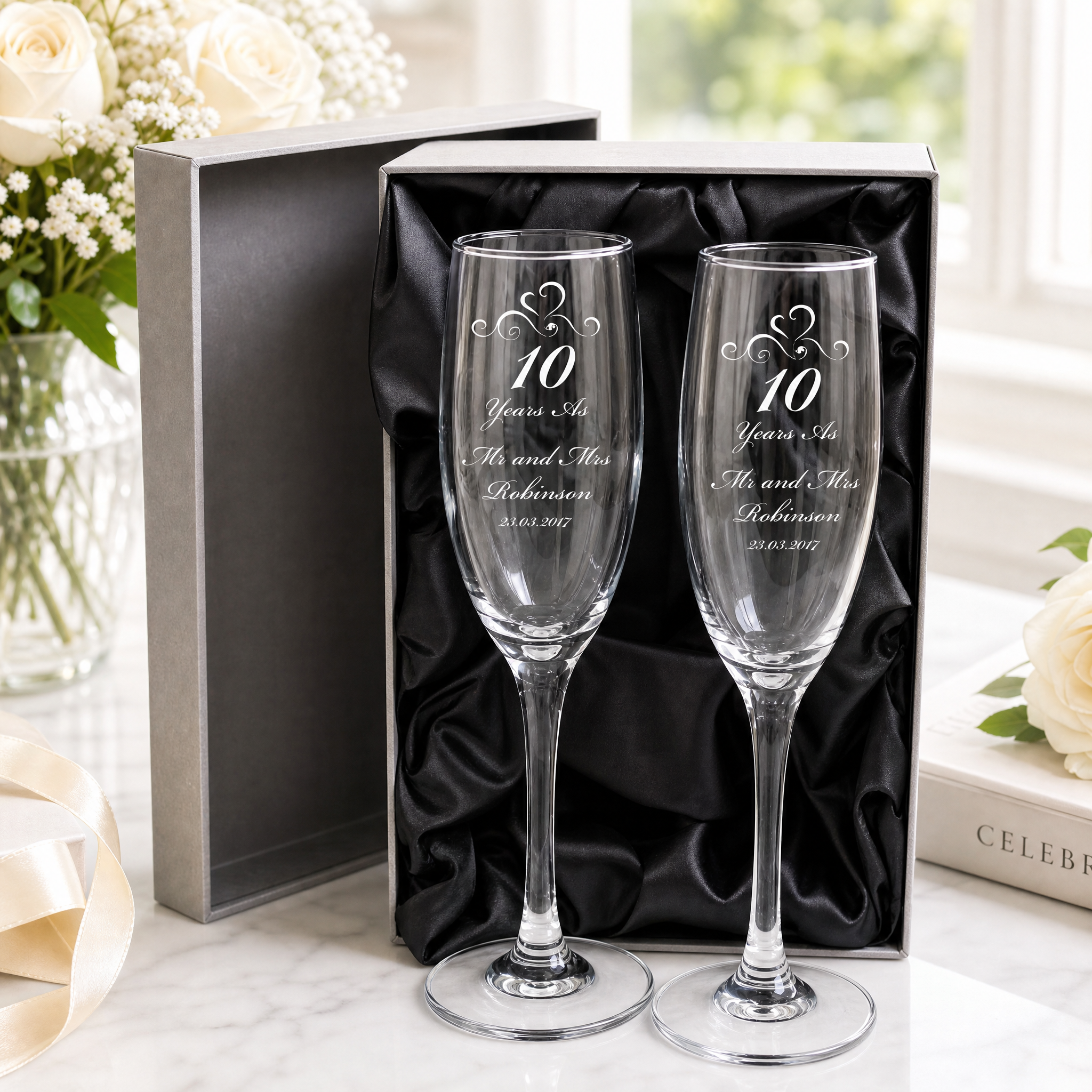 10th Anniversary Gift Personalised Engraved Champagne Flutes x 2 Personalised Champagne Glasses ukgiftstoreonline